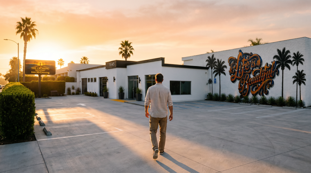 Client arriving at The Crossing Recovery drug and alcohol rehabilitation center in Costa Mesa, California, featuring the “Life Is Beautiful” mural, palm trees, accessible parking, and a welcoming treatment environment.