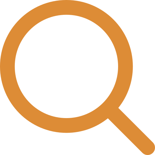 An orange magnifying glass icon on a white background.