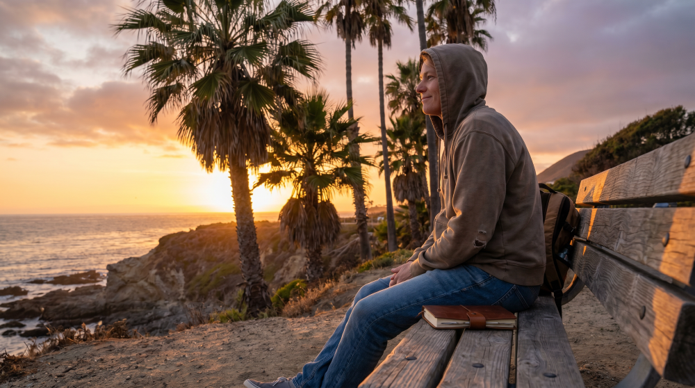 Person sitting near the Southern California coast at sunset, representing reflection, emotional healing, and renewed hope during drug and alcohol addiction recovery in Costa Mesa.