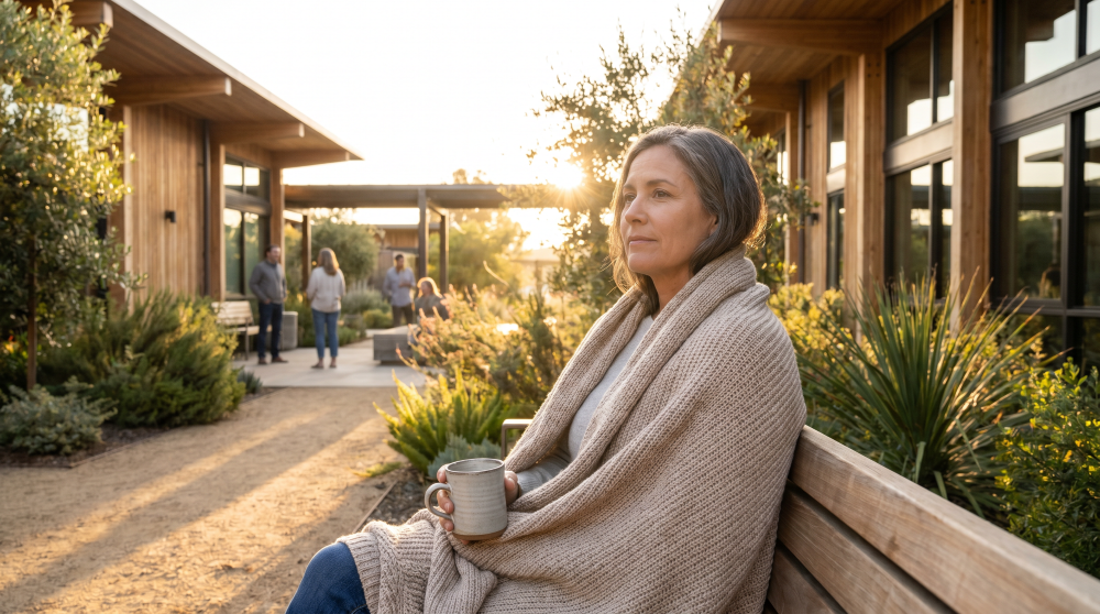 Woman relaxing with a warm drink in the peaceful outdoor courtyard at The Crossing Recovery addiction treatment facility in Costa Mesa, California.