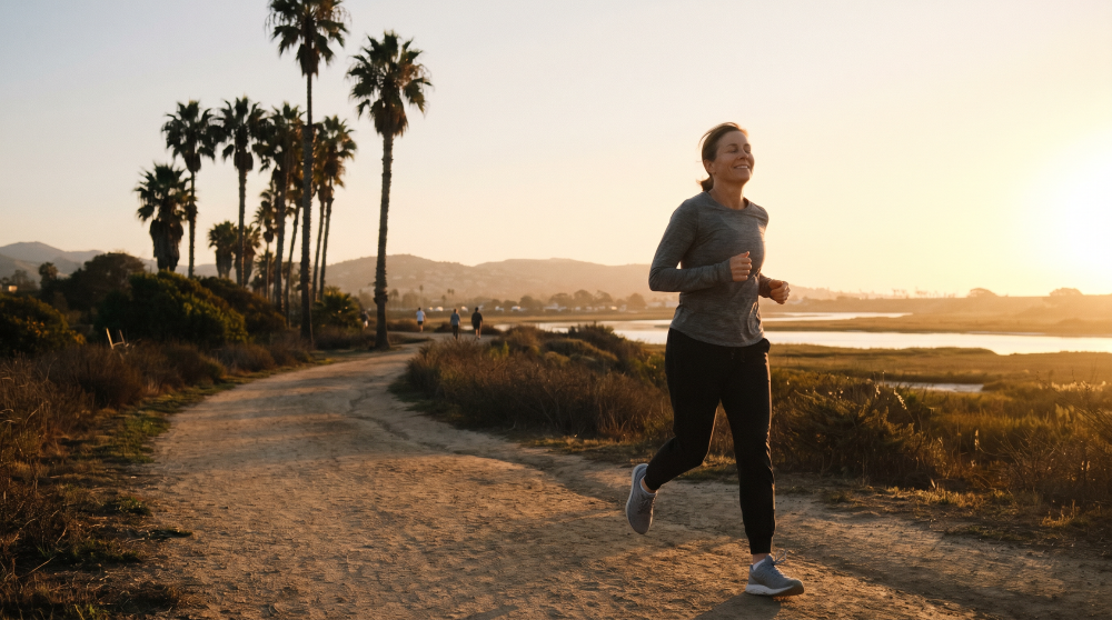 Woman jogging near the coast in Costa Mesa, California, representing physical wellness, healthy routines, and an active lifestyle during drug and alcohol addiction recovery.