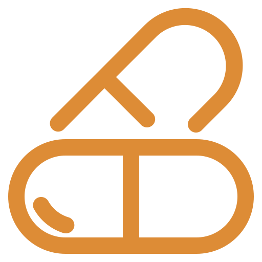 Icon of a brown capsule pill with a smaller capsule tilted above it.