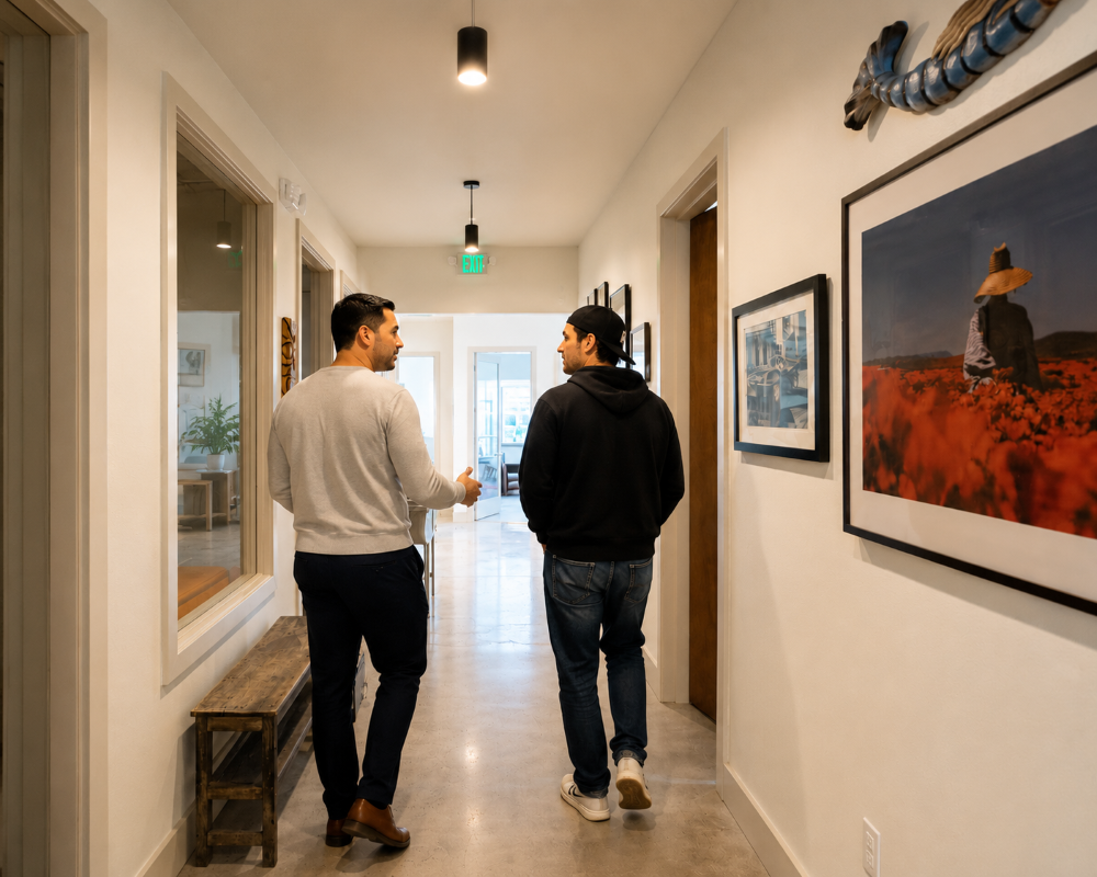 Client walking with a recovery professional inside The Crossing Recovery, a drug and alcohol rehabilitation and outpatient treatment center in Costa Mesa, California.
