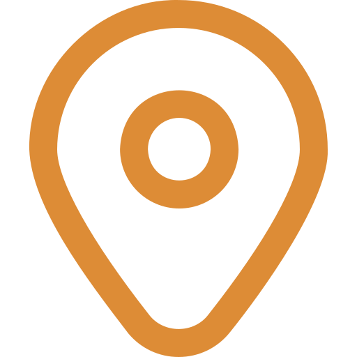 A simple map marker icon with an orange outline and a circle inside on a black background.