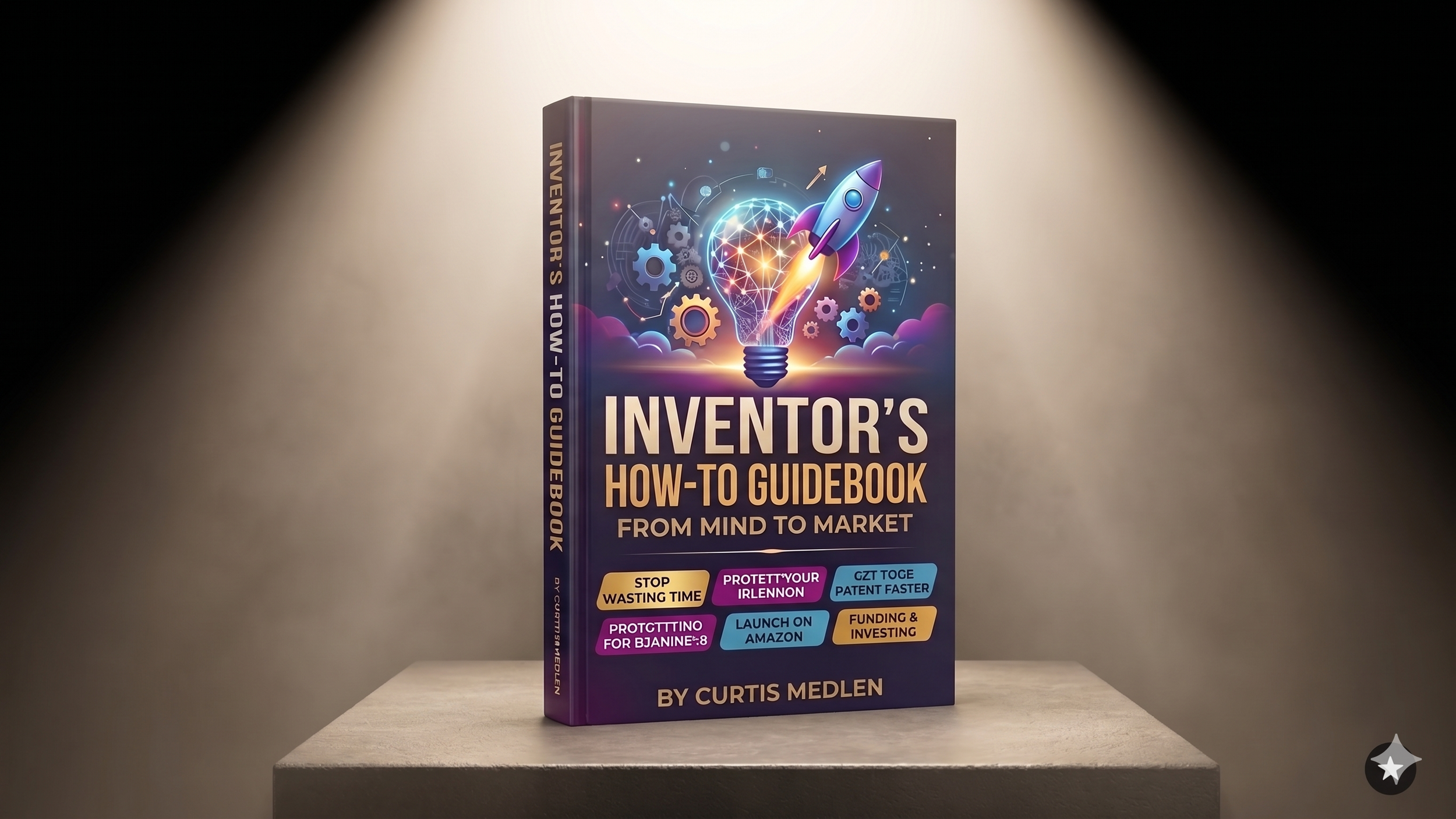 Book titled "Inventor's How-to Guidebook: From Mind to Market" by Curtis Medlen, with cover illustration of a rocket launching from a light bulb surrounded by gears and digital elements, on display under spotlight.