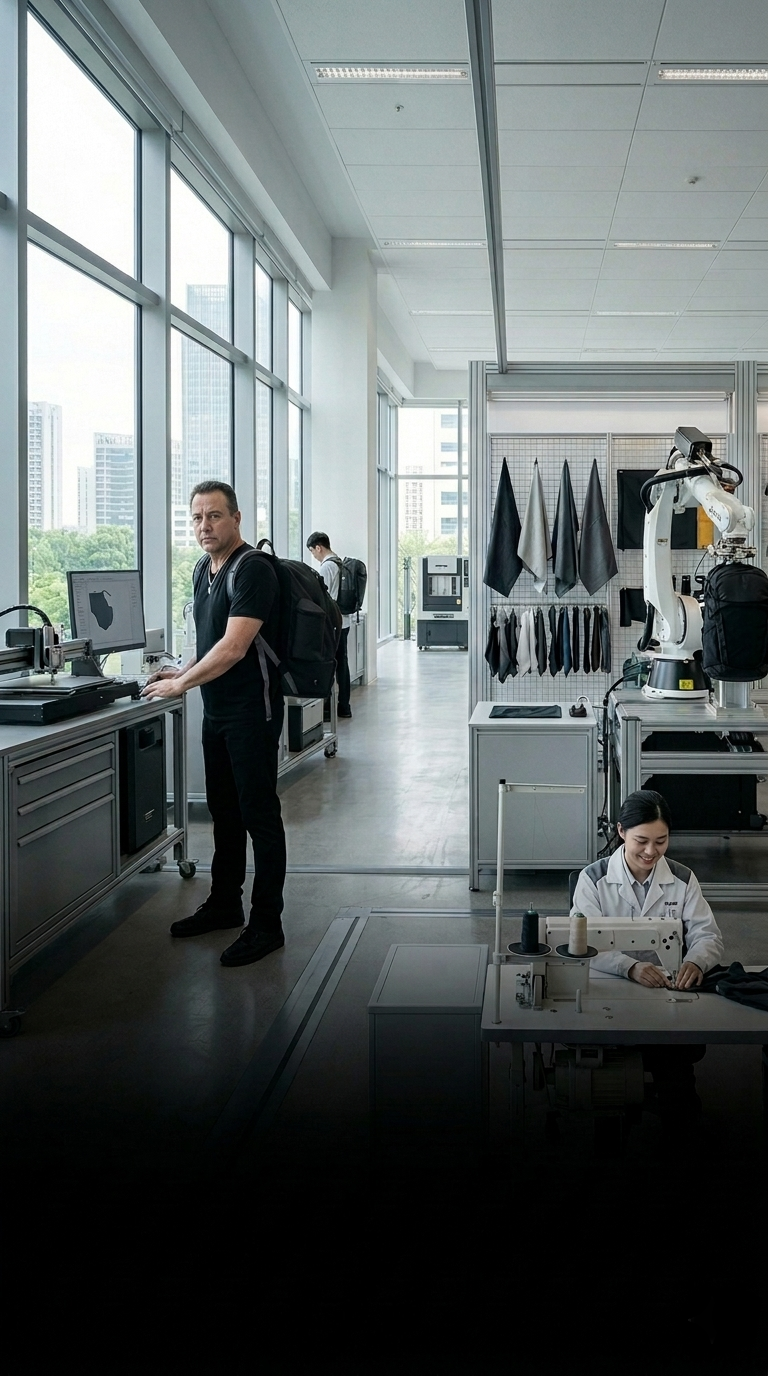 A man standing in a high-tech industrial room with large windows, a woman sewing on a machine, and a robotic arm near fabric and clothing displays.