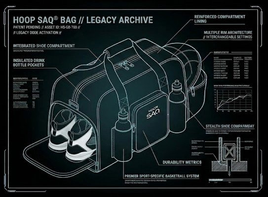 Blueprint diagram of the Hoopsac Bag, a legacy archive basketball bag, showing compartments for shoes, drink bottles, and other storage features, along with labeled specifications and features.