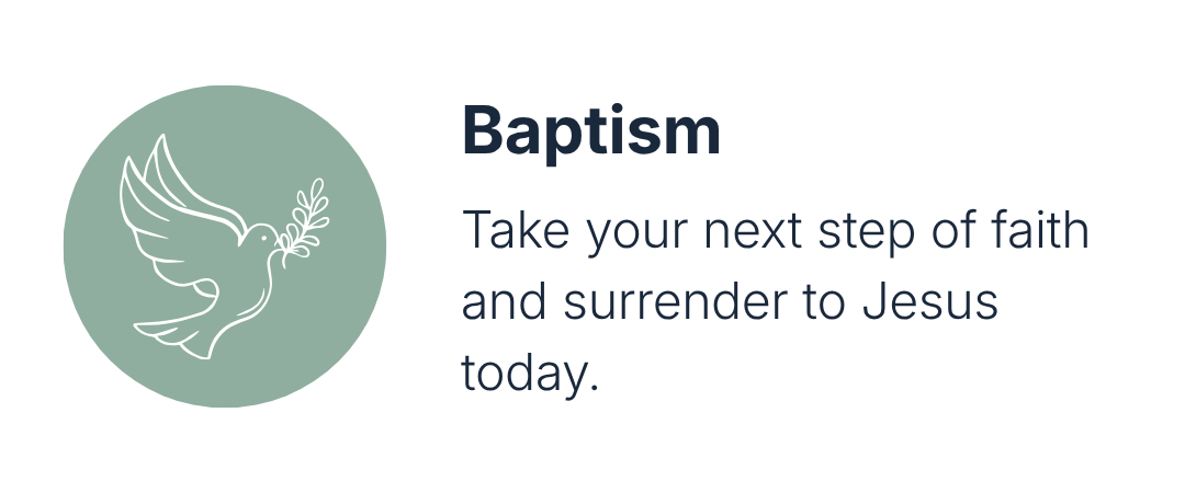 An infographic about baptism with a dove holding an olive branch, encouraging viewers to take the next step of faith and surrender to Jesus.