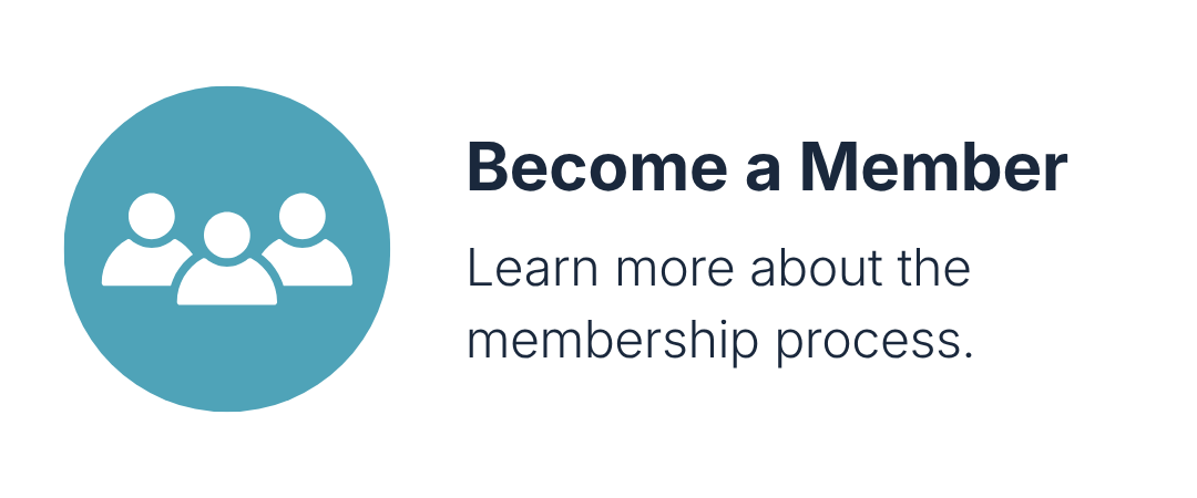 Blue circle with a white icon of three people. Text reads 'Become a Member. Learn more about the membership process.'