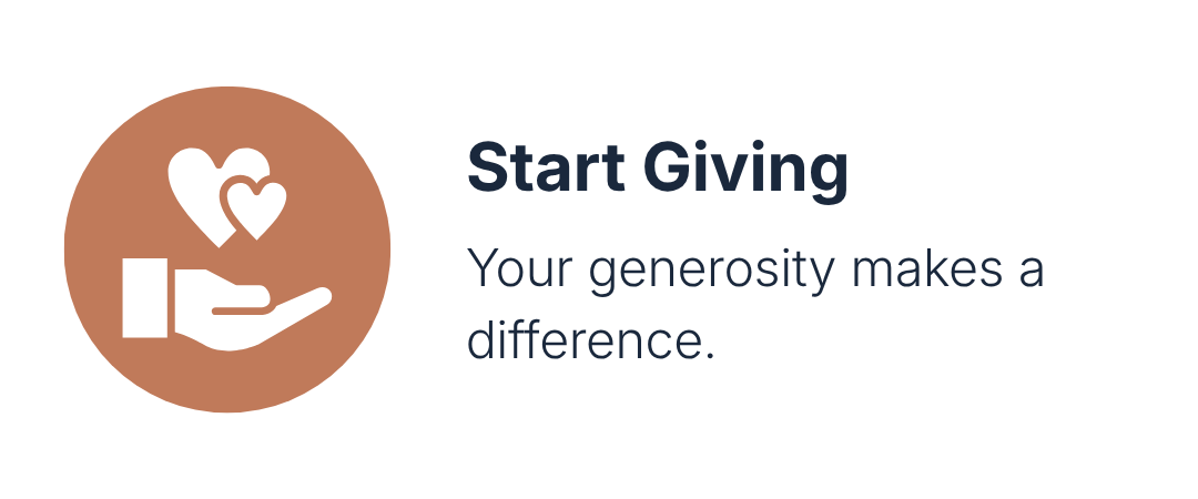 Icon of a hand holding two hearts, with the text "Start Giving" and "Your generosity makes a difference."