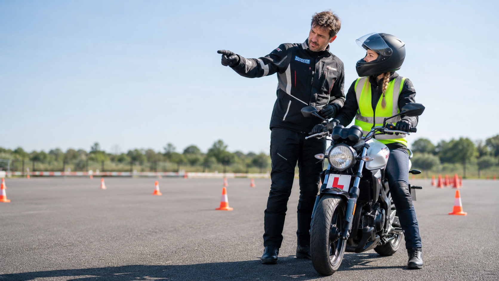 Professional motorcycle instructor teaching a beginner rider during a one-on-one motorcycle training lesson in a cone-marked training area.