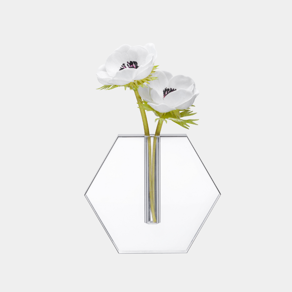Lucite Hexagon Vase with Faux Anemones