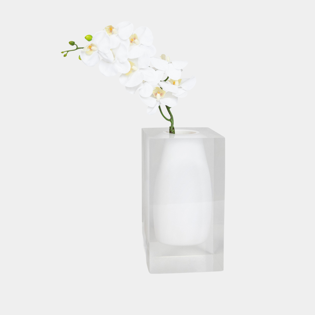Heavy Lucite Floating Vase with Faux Orchid