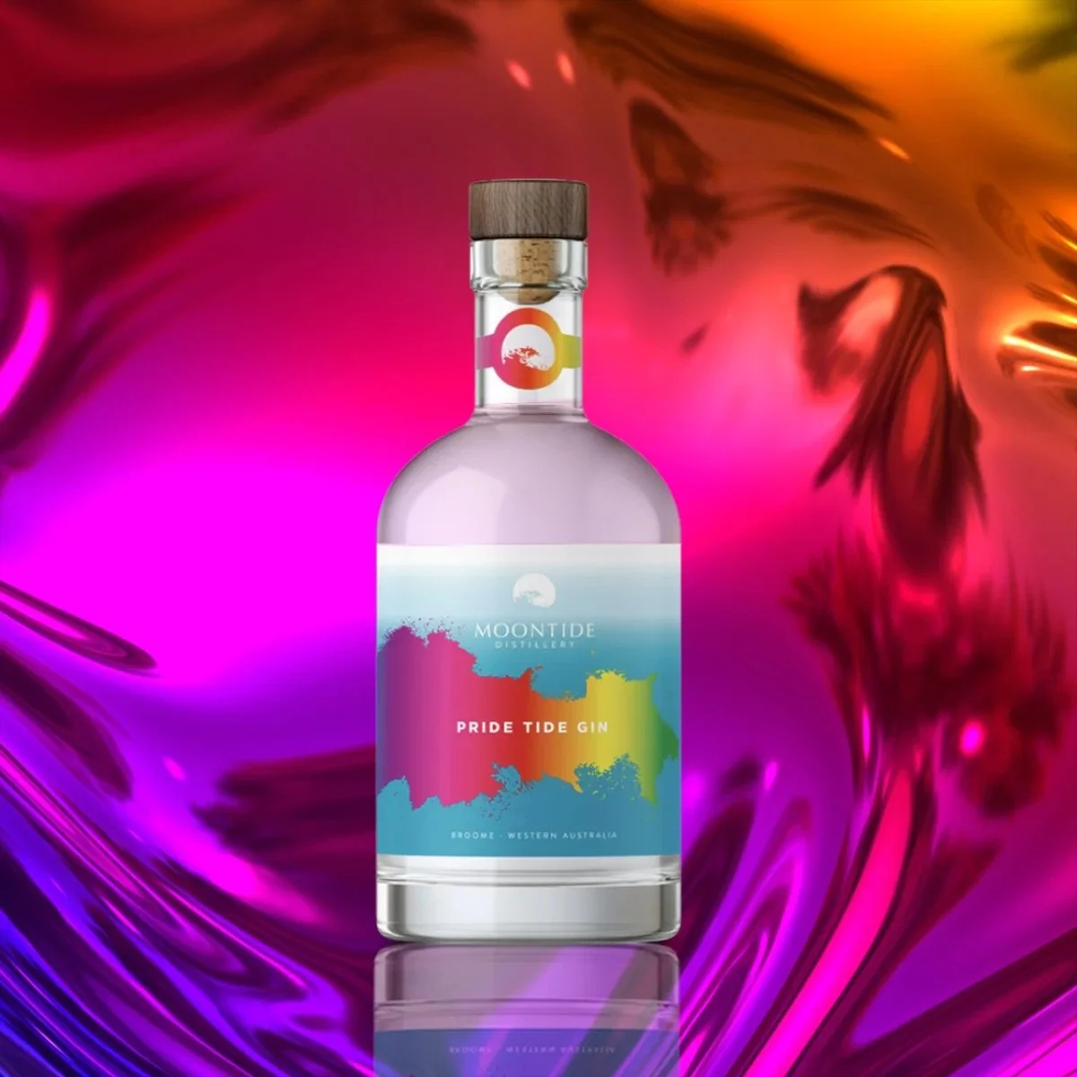 A bottle of Moontide Pride Tide Gin with a colorful label, set against a vibrant pink and purple abstract background.