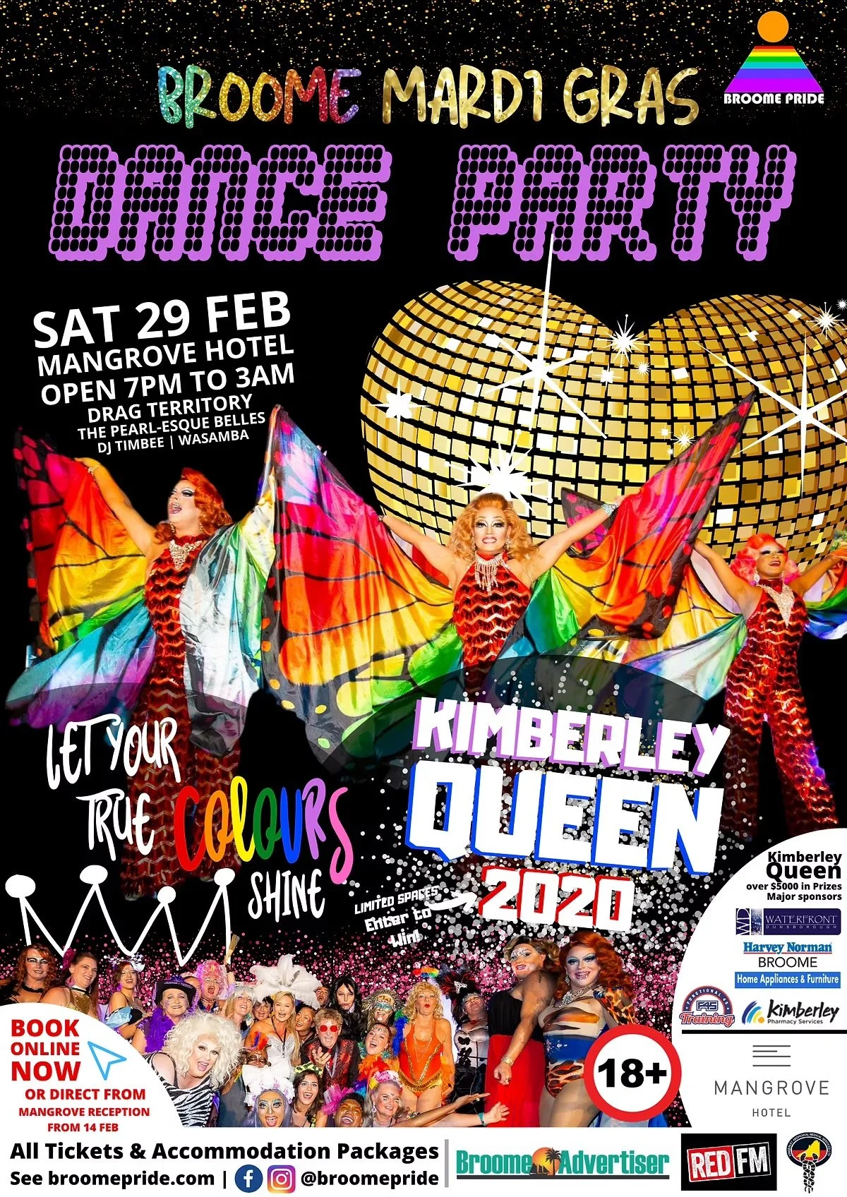 Colorful poster promoting a Pride dance party event called "Broome Mardi Gras" with a large gold disco ball, performers in rainbow costumes, and a group of diverse attendees in drag and colorful outfits, with event details and sponsors listed.