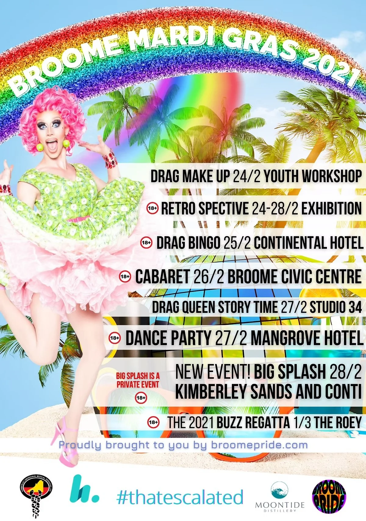 Flyer for Brouome Mardi Gras 2021 event featuring a person with pink curly hair and colorful attire, tropical palm trees in the background, and rainbow decorations. The flyer lists various events including drag workshops, exhibits, bingo, cabaret, a dance party, and a regatta, with dates and locations. It mentions 18+ age restrictions and highlights a special private event and a new event at Kimberly Sands and Conti.