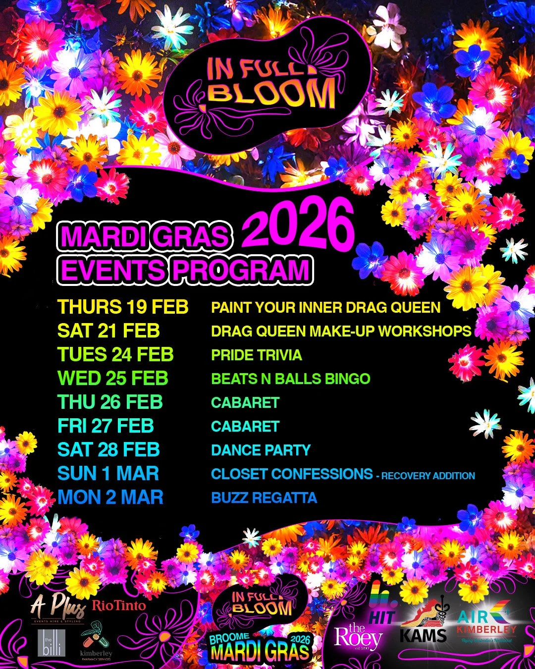 Mardi Gras 2026 events program poster with colorful flowers, showcasing schedule of activities including drag queen make-up workshops, pride trivia, bingo, cabaret shows, dance party, and confessions, with event dates from February 19 to March 2.