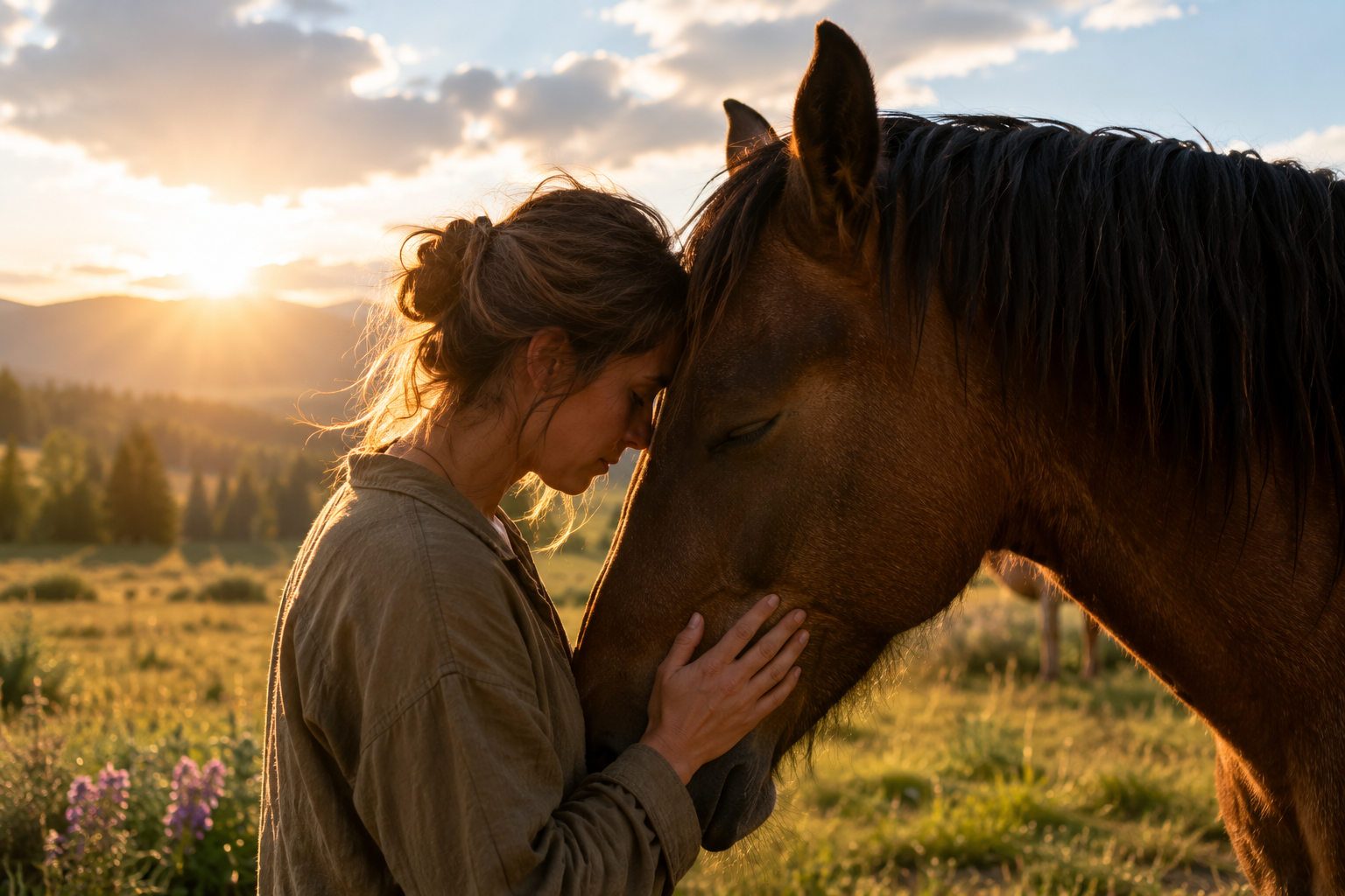Woman gently resting her forehead against a horse in a quiet mountain pasture, reflecting the deep sense of trust, connection, and healing that can emerge through optional equine assisted EMDR intensives.