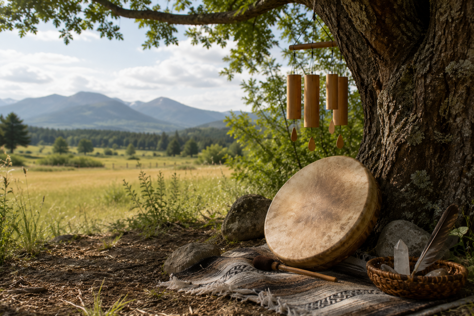 Buffalo drum and Koshi chimes resting beneath a large tree beside an open mountain meadow, surrounded by natural stones and soft daylight.