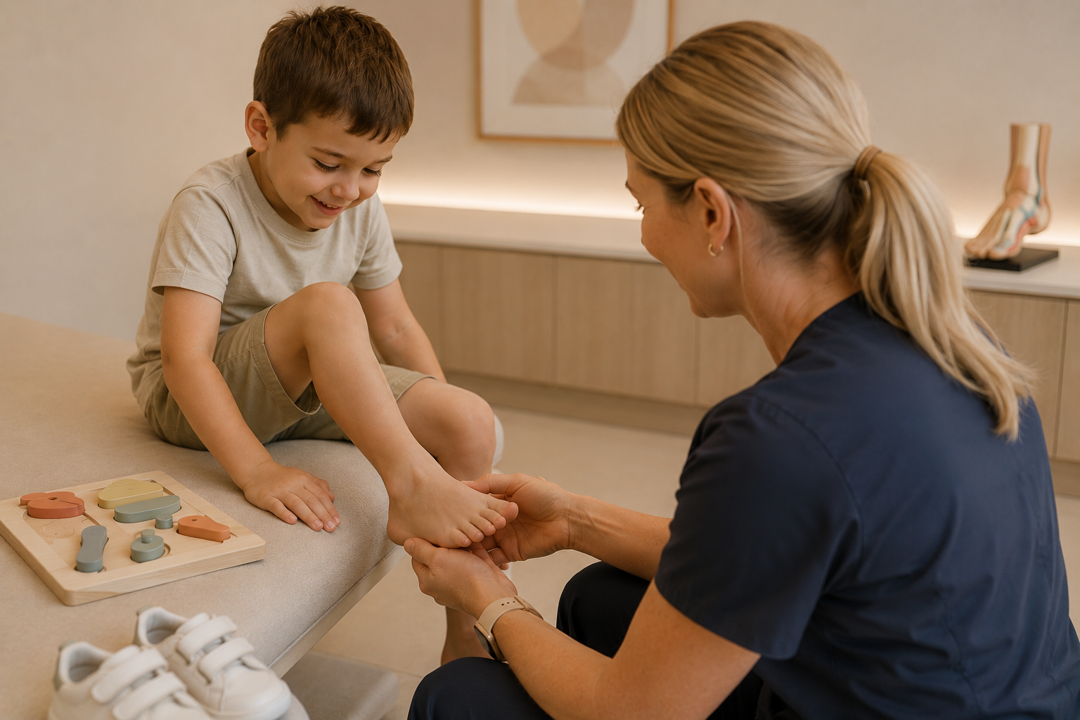 A young boy is sitting on an examination table, smiling, as a female healthcare professional examines his foot. The boy wears a beige t-shirt and shorts, and the professional is in dark scrubs, holding the boy's foot gently. A puzzle toy and a pair of white sneakers are nearby.