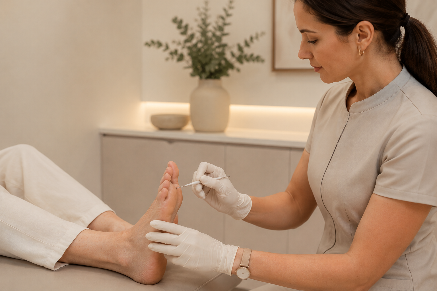 A healthcare professional administering an injection to a patient's foot in a medical setting.