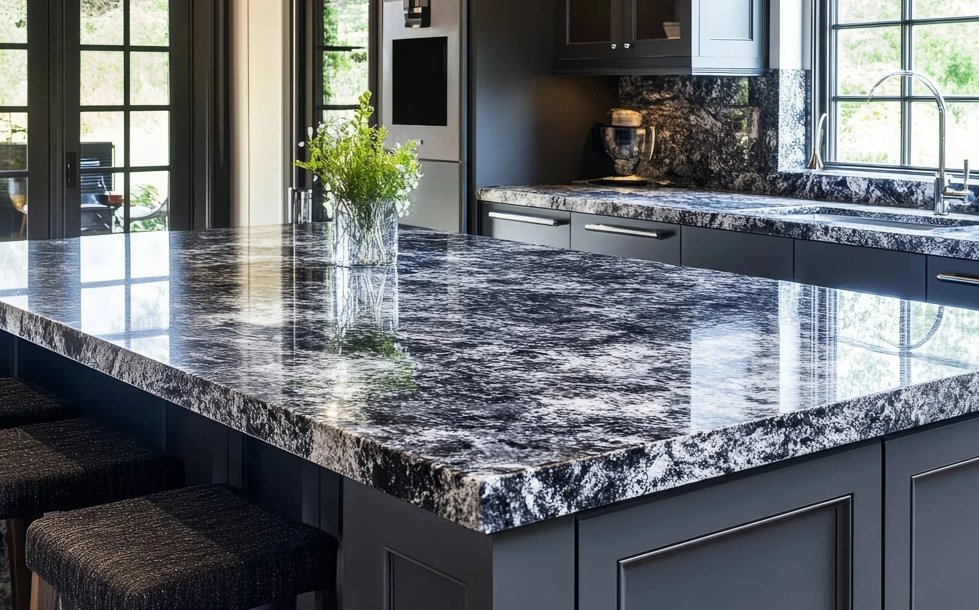 Modern kitchen with a black and white speckled granite countertop, black cabinets, a stainless steel faucet, and a window with greenery outside. A small vase with green flowers sits on the counter. Custom Kitchen Cabinets and Stone Countertops Chicag
