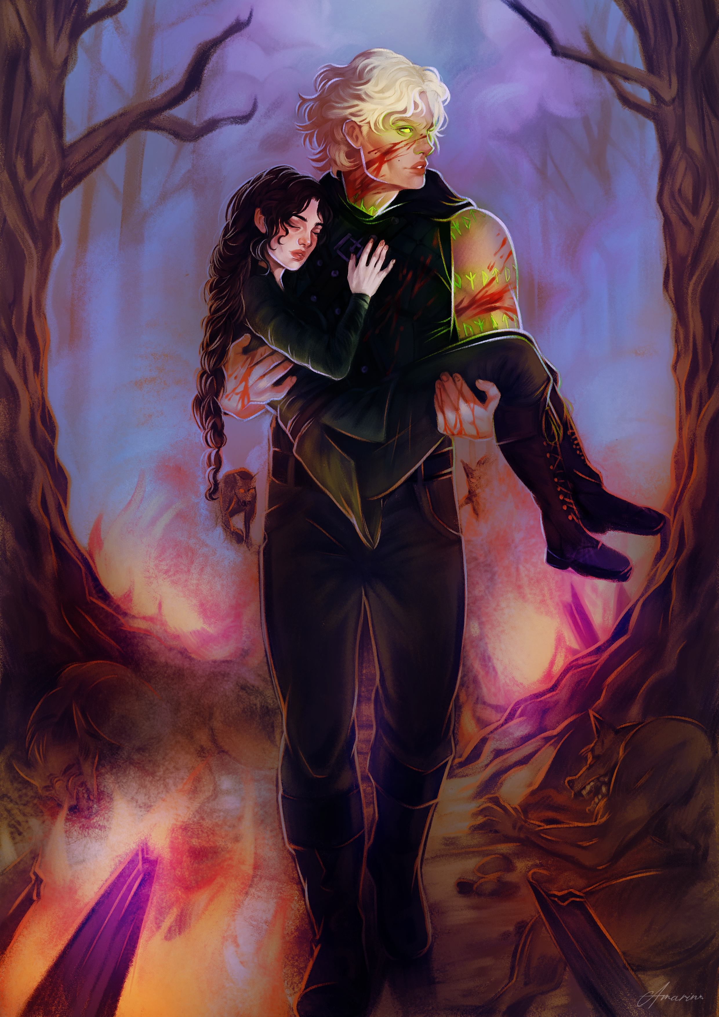 A fantasy-style digital illustration of a blonde man in black clothing carrying a brunette woman with long curly hair, both with glowing markings and glowing eyes, in a forest with twisted trees and magical flames.