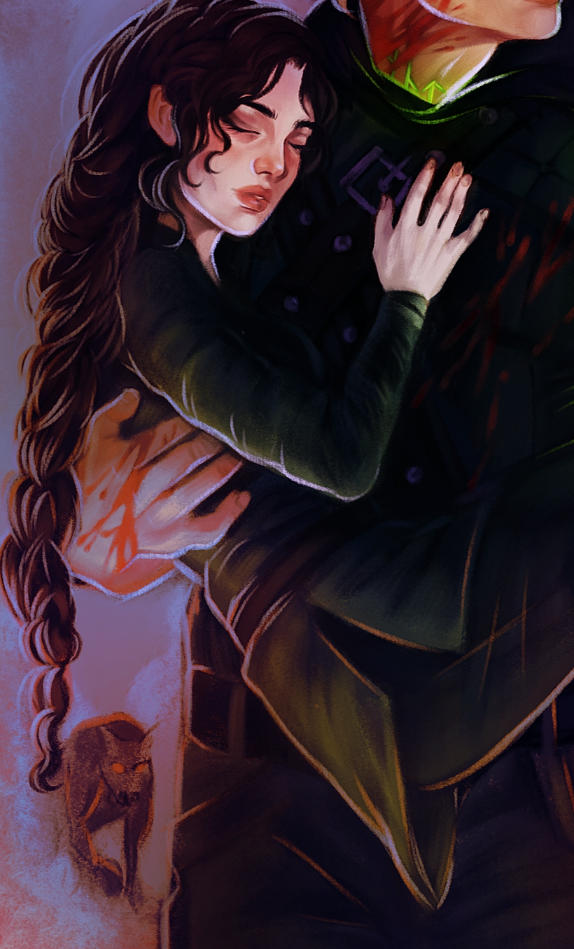A woman with long, curly brown hair sleeping, resting her head on a person's chest who is in a black jacket, with a tattoo of a wildcat on her arm.