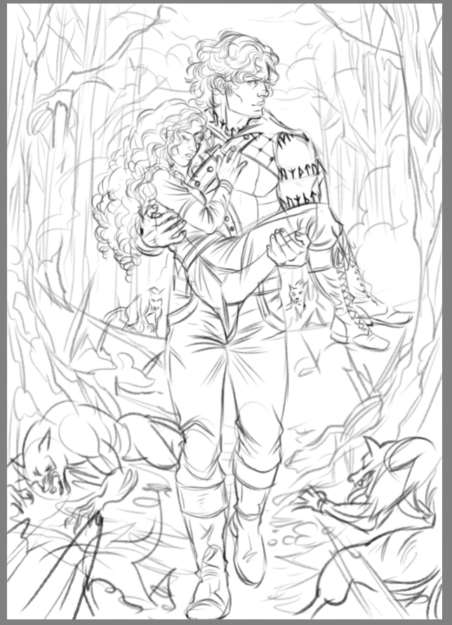 Black and white sketch of a man carrying a woman in a forest with wolves and foxes around them.