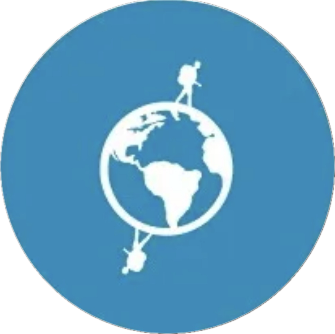 Icon of a hiker with a backpack walking on top of a stylized globe featuring continent outlines, with a second hiker below connected by a dotted line.