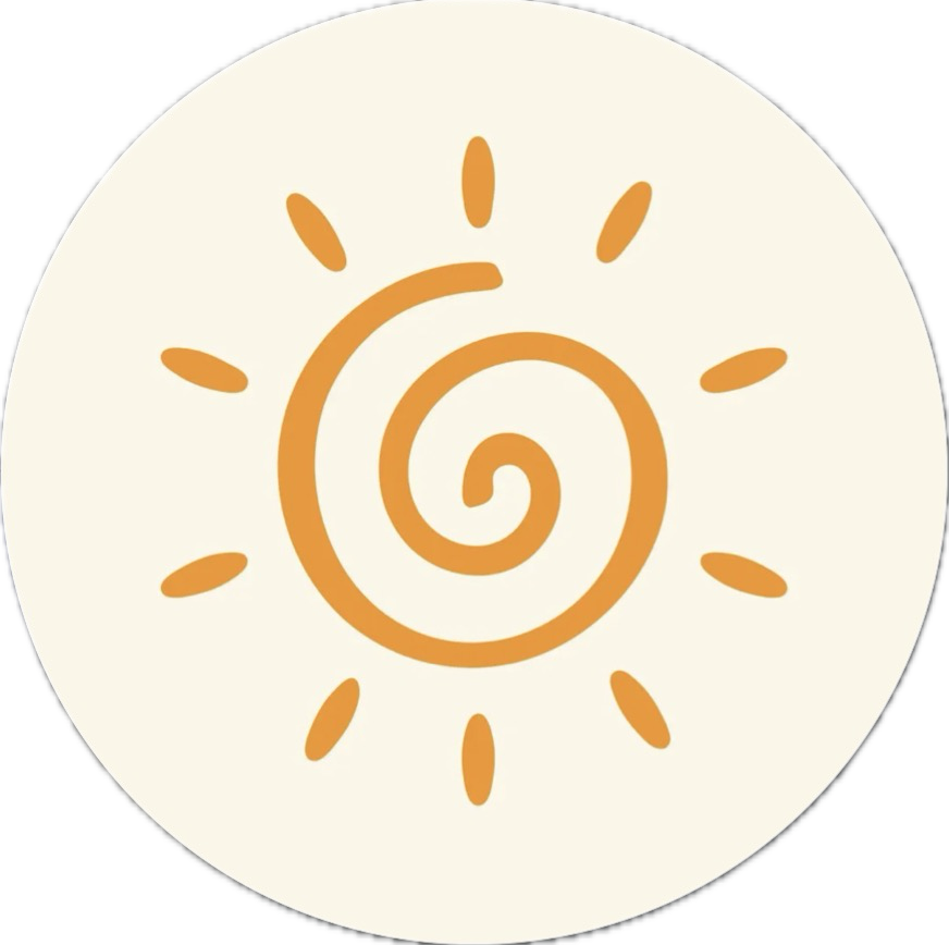 Illustration of a sun with a swirling center and radiating rays.