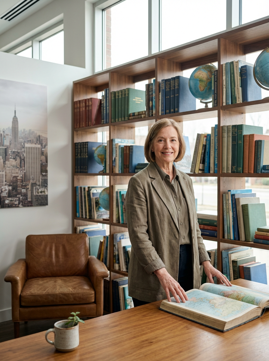 A smiling woman stands at a wooden table in a library, with a large open book in front of her. She is wearing a beige blazer and gray shirt. Behind her is a bookshelf filled with books and globes, with large windows letting in natural light.