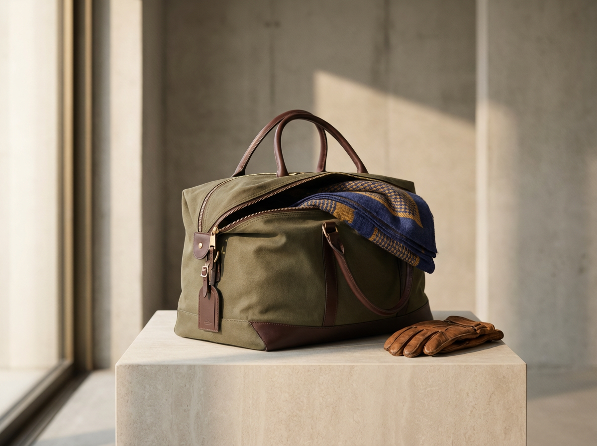 A green duffel bag with brown leather handles and accents, partially open with a blue and yellow plaid blanket inside, and a pair of brown leather gloves placed on a beige surface.