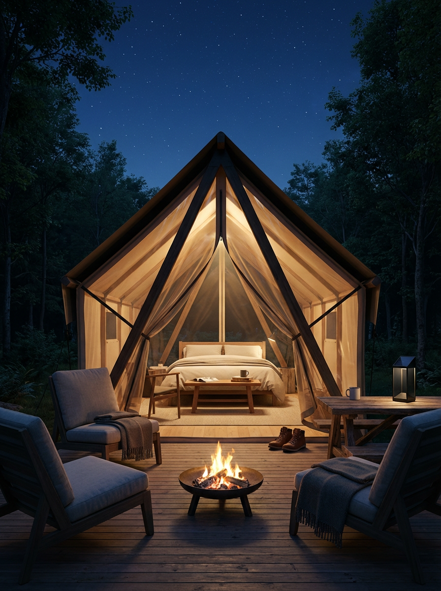 A cozy glamping tent with warm lighting inside, set in a forest at night under a starry sky. There is a bed with white linens, a small table, outdoor seating with a fire pit, and trees surrounding the area.