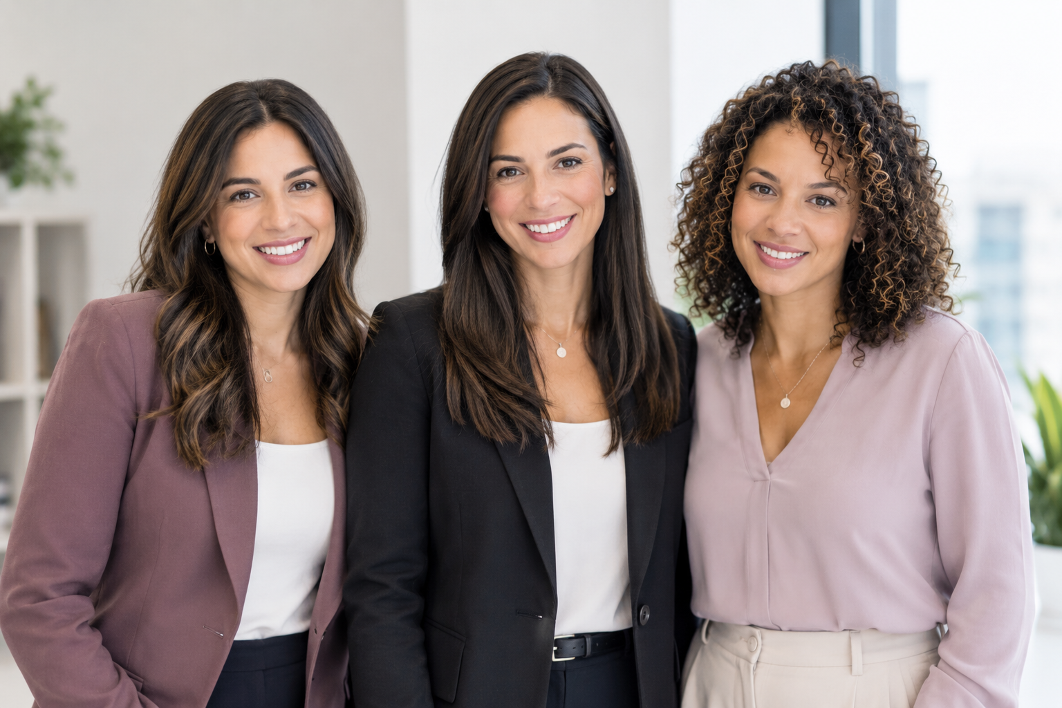 Three women smiling in an office setting, dressed in professional attire.