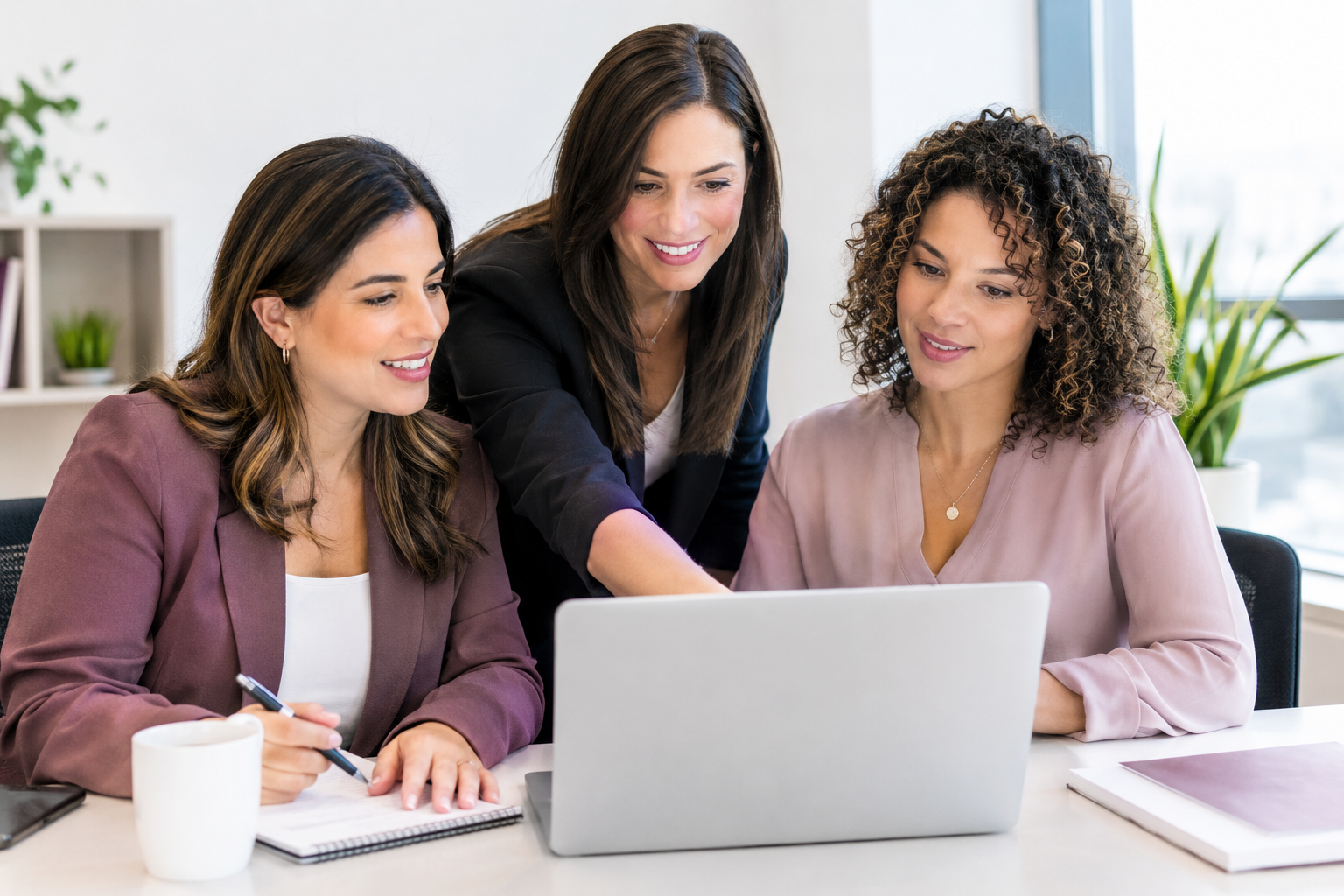 Three women at a desk looking at a laptop, discussing and collaborating in a bright office.