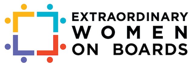 Logo of Extraordinary Women on Boards featuring a multicolored abstract square with circles in each corner and bold black text.