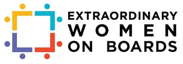 Logo for 'Extraordinary Women on Boards' featuring a square with rounded corners and six dots in yellow, blue, purple, red, and teal around the perimeter.