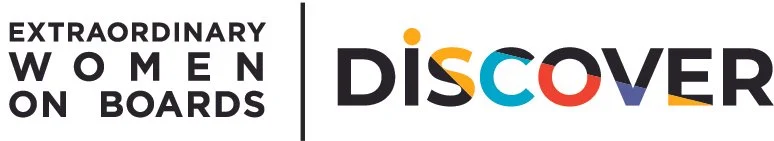Logo with the text 'Extraordinary Women on Boards' on the left, and 'Discover' with colorful letters on the right.