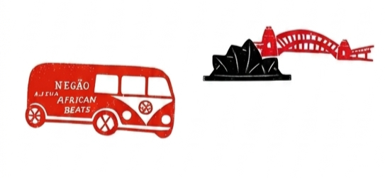 A red and white illustration of a vintage bus with the words 'Negăo African Beats' on it, and a black and red silhouette of the Sydney Opera House and Harbour Bridge in the background.