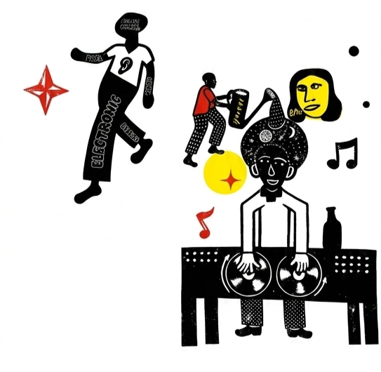 Illustration of a person playing drum pads, a person pouring a drink, and a woman with an afro hairstyle sitting at a table with bottles and musical notes around.