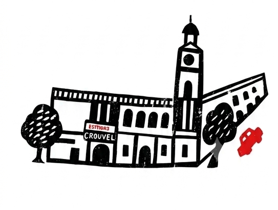 A black and white line drawing of a European town with a clock tower and buildings, two trees, a red car, and a sign reading 'ESTIM3 Crouvel'.