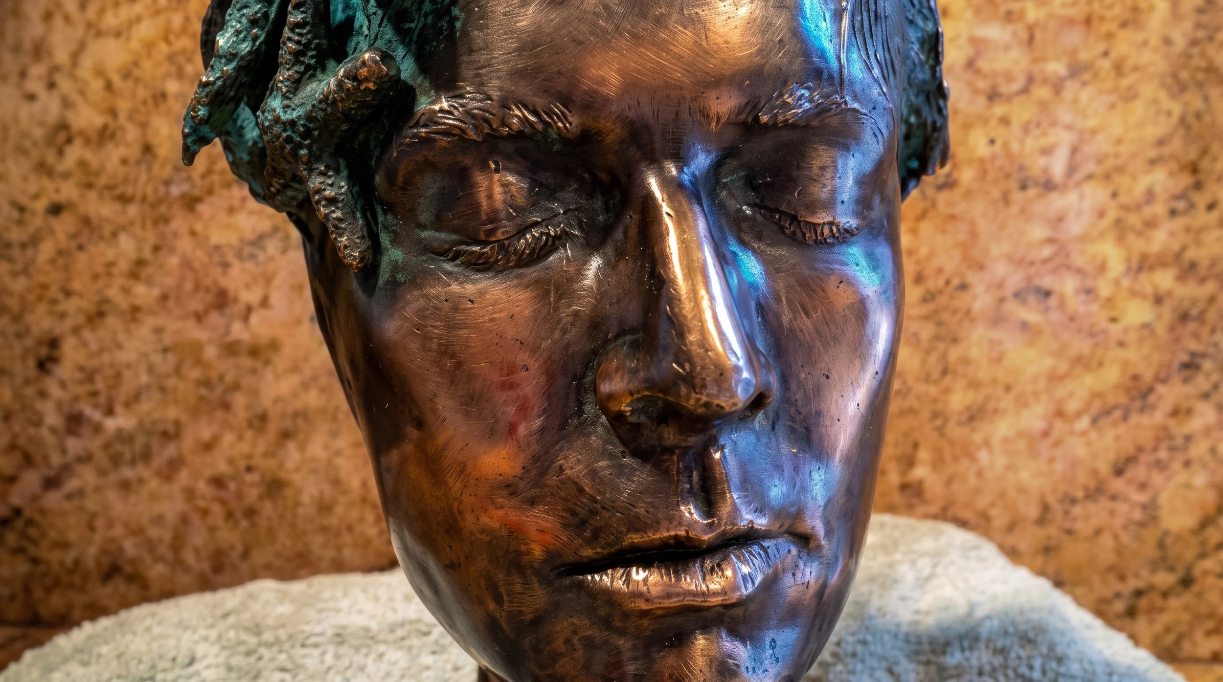 Close-up of a alginate/ bronze sculpture of Judy Salinsky's face with eyes closed and detailed facial features against a textured brown background. by Judy Salinsky