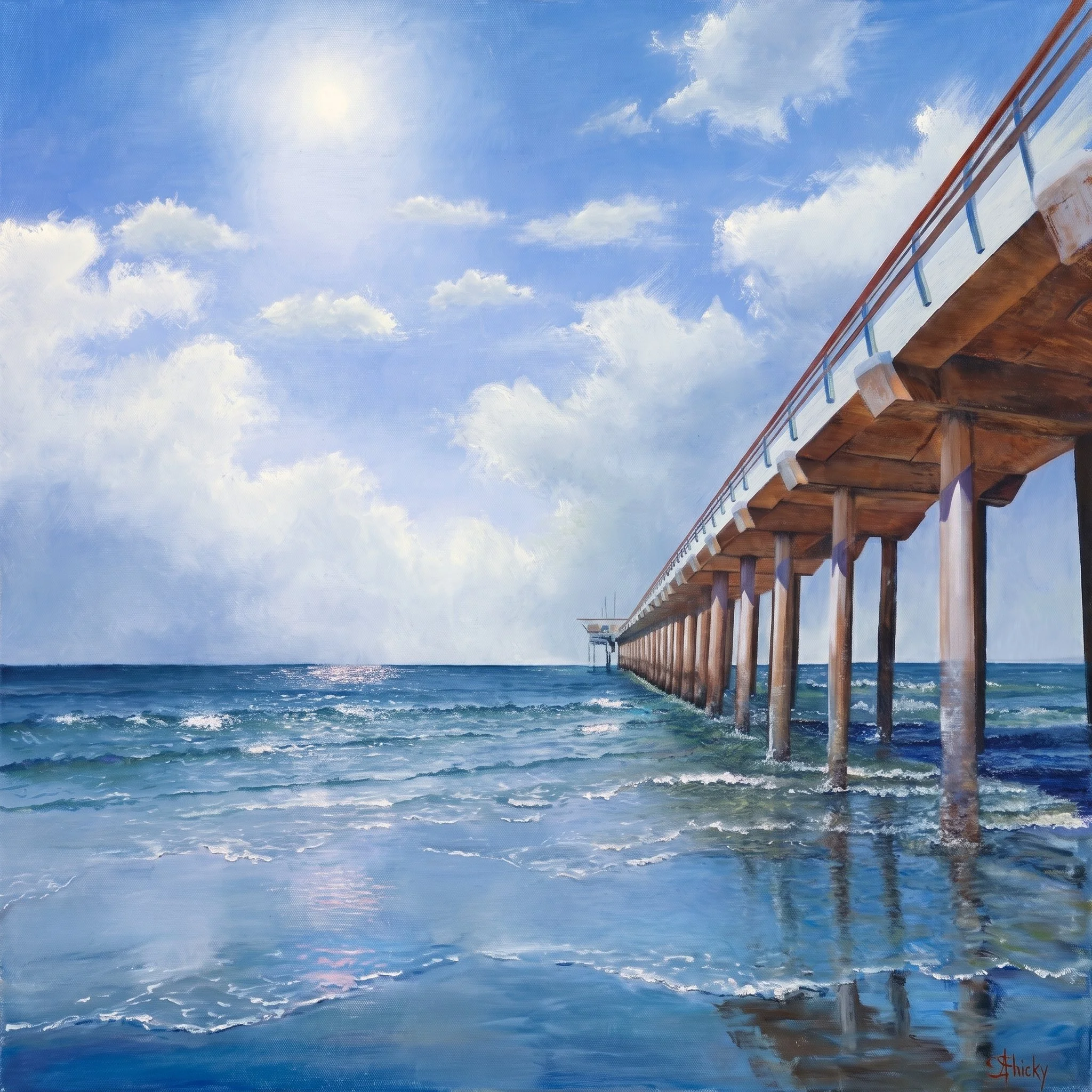 A painting of the ocean under a blue sky with fluffy white clouds and a bright sun. A wooden pier extends from the right side into the water, with blue and white railings and support beams visible. The artist's signature, 'Flicky,' is in the lower right corner.