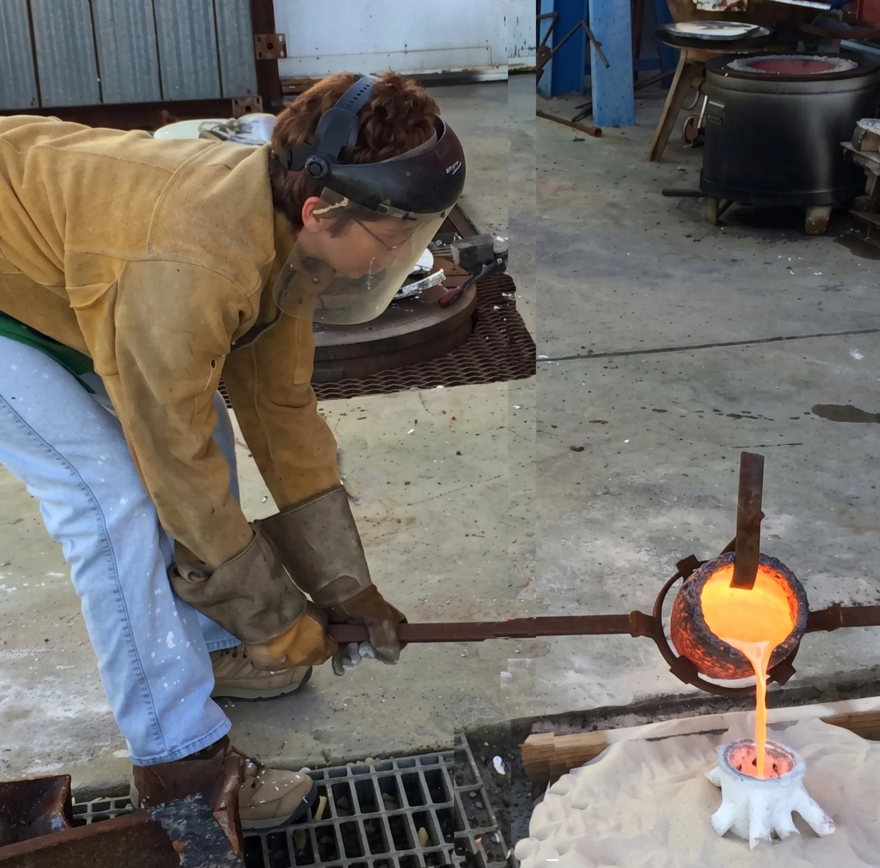 A glassblower wearing protective gear, including a face shield and gloves, is working with molten glass using tools in a workshop. The glowing hot glass is being shaped on a pipe near a small furnace.