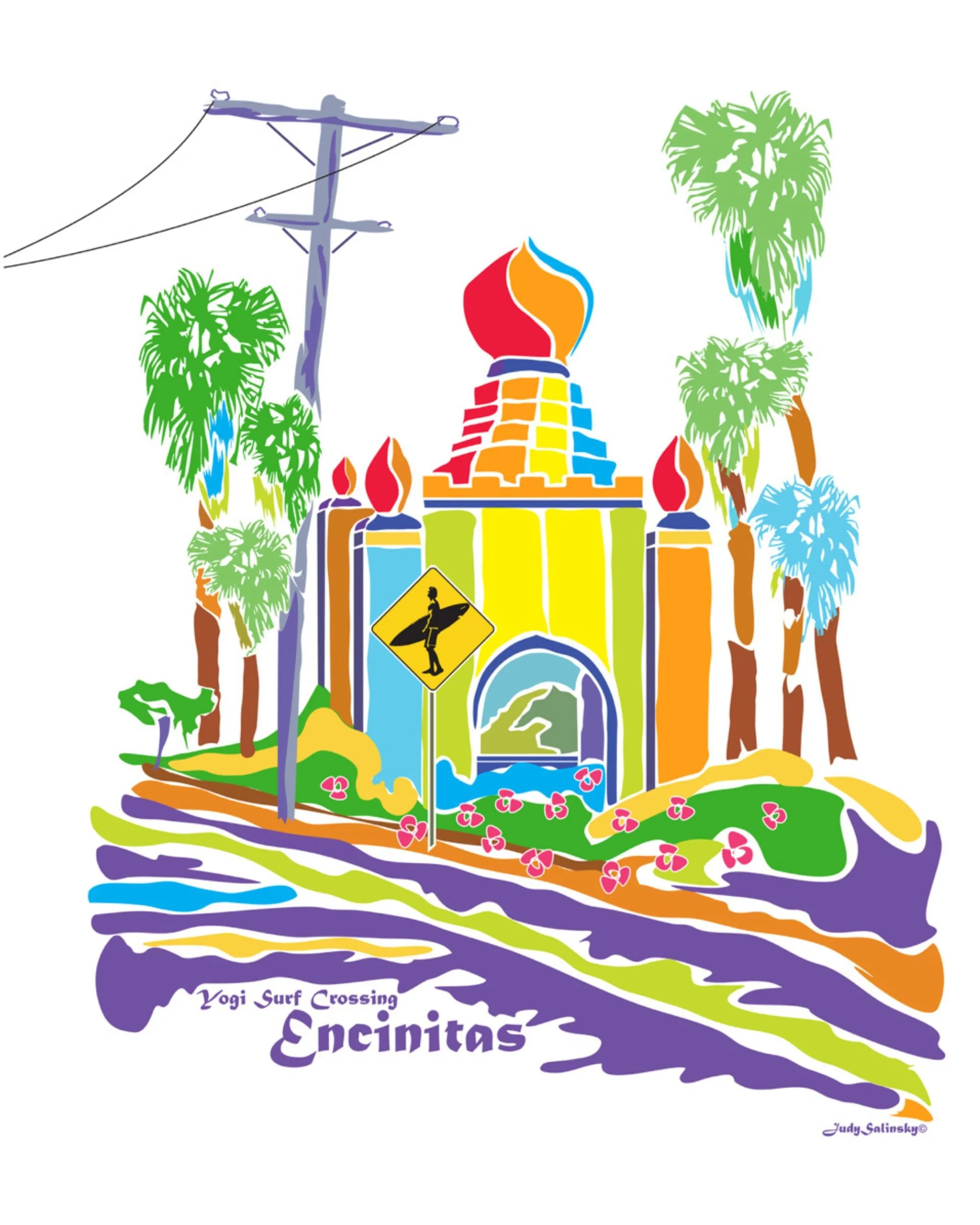 A colorful illustrated map of Espiritu Santo, depicting a surf crossing known as Yogi Surf Crossing, with palm trees, water, and a warning sign, and the words 'Yogi Surf Crossing' graphic art piece by Judy Salinsky
