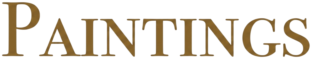 Close-up of a sign with large gold letters spelling 'PAINTINGS' on a wooden background, with a decorative blue and white element on the right side.