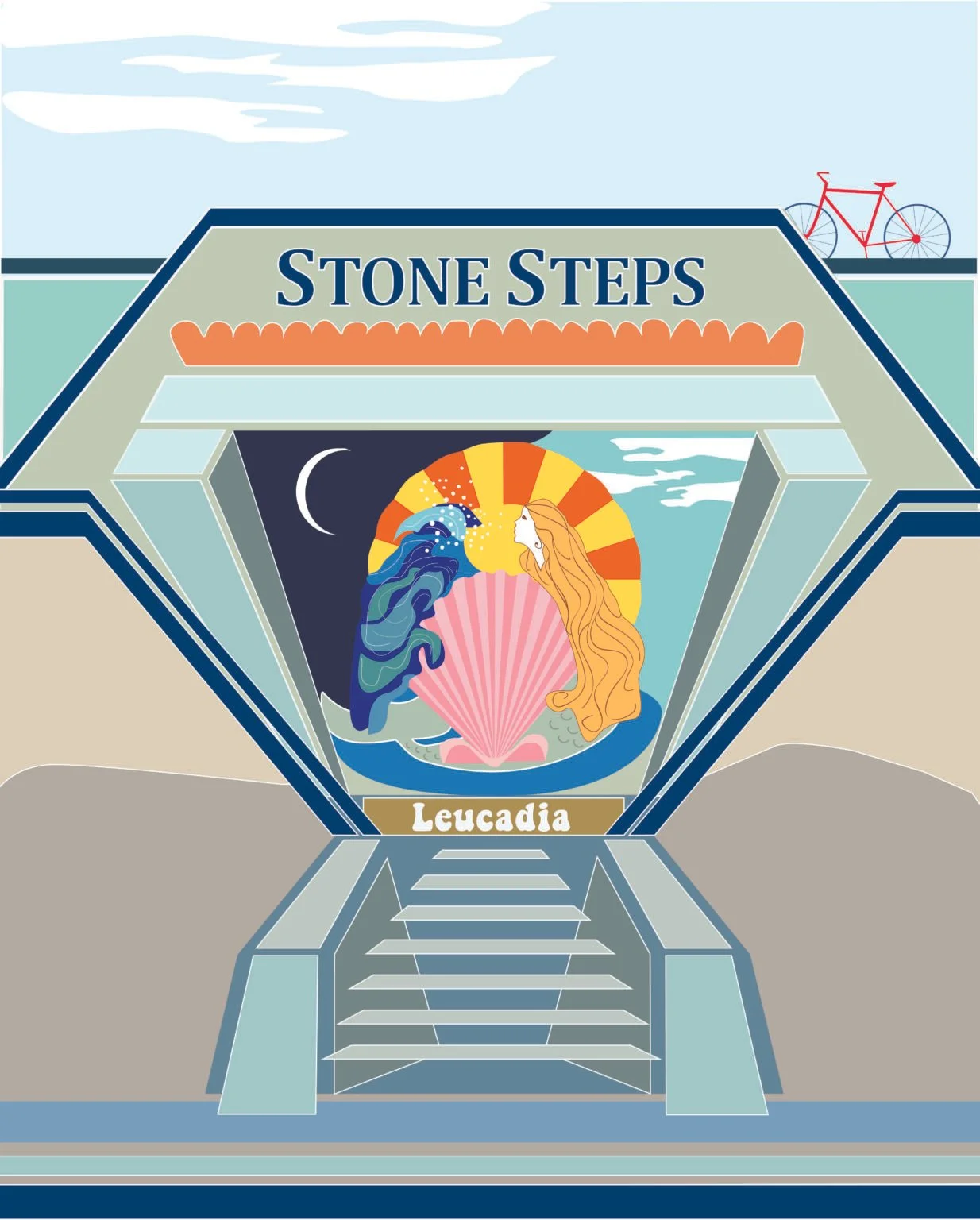 Digital illustration of the Stone Steps entrance with a colorful display featuring a mermaid, waves, a moon, and the word 'Leucadia'.