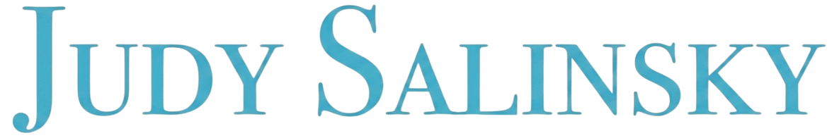 The text 'Judy Salinsky' in large, light blue 3D letters against a teal background.
