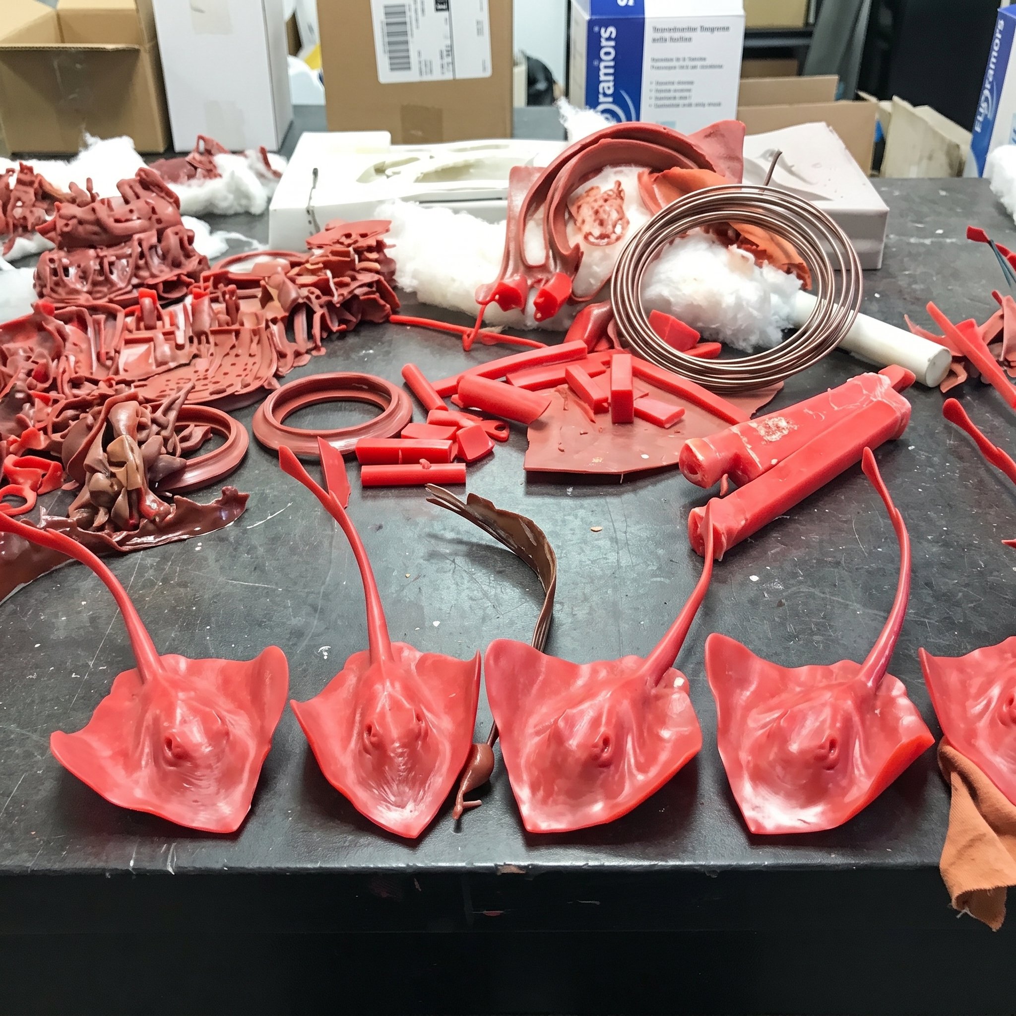 Various red silicone molds and parts on a work table in a workshop or factory setting.